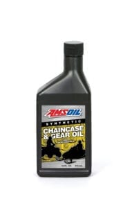A bottle of AMSOIL Synthetic Chaincase & Gear Oil designed for snowmobiles, ATVs, and motorcycles.