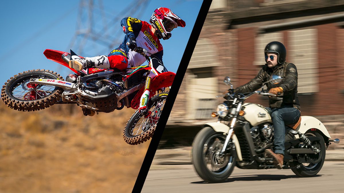 Split image of a motocross dirt bike in mid-air and a cruiser motorcycle on the street — symbolizing the range of riders who benefit from AMSOIL Preferred Customer pricing.