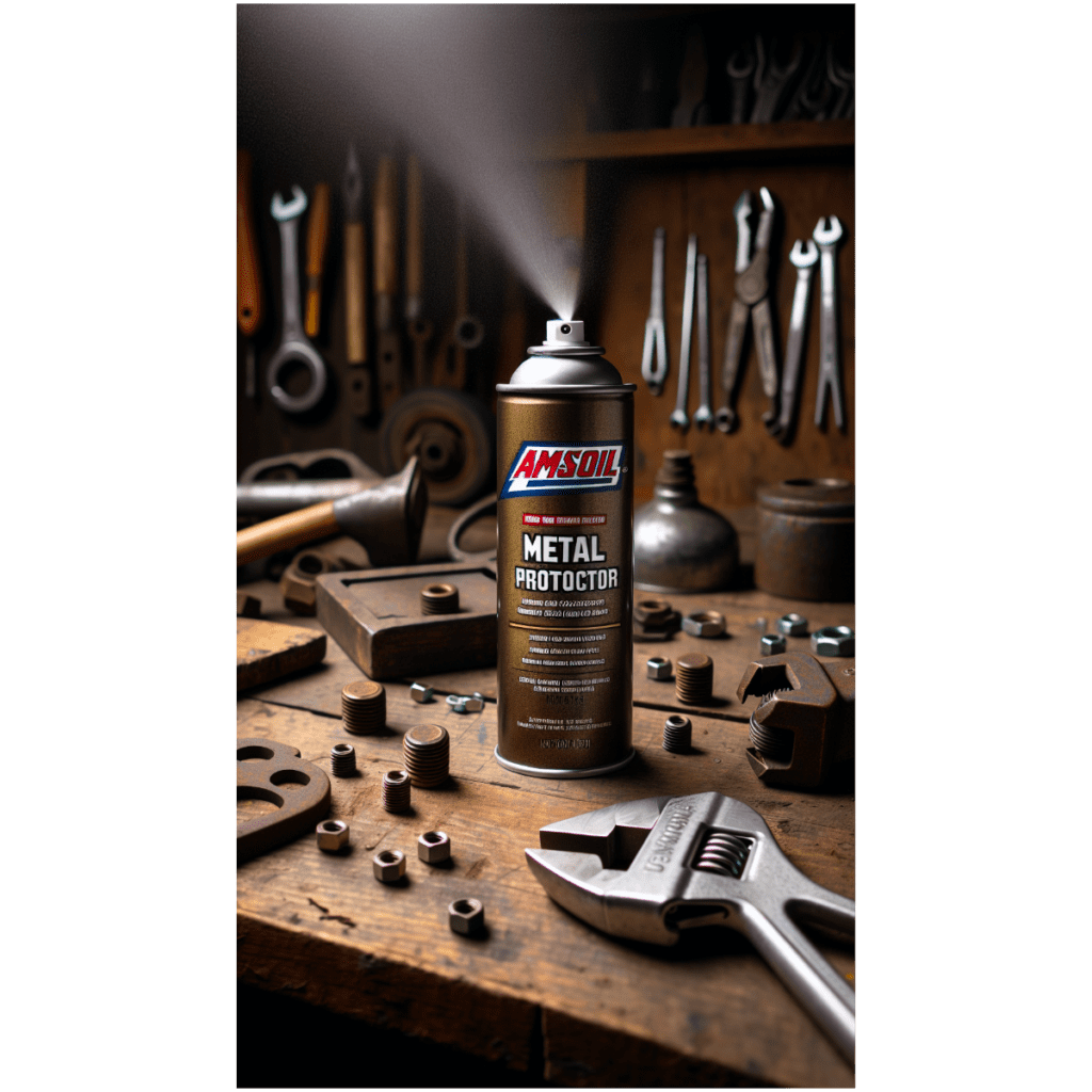 a bottle of AMSOIL Metal Protector for tight nuts and rusty tools