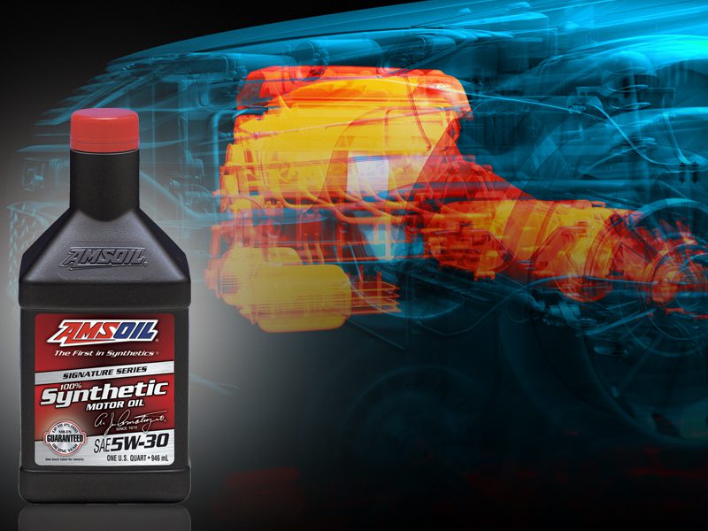 a bottle of AMSOIL 5W=30 in front of a thermal image of heat