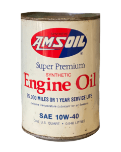 A vintage metal can of AMSOIL synthetic lubricant, showcasing the brand's heritage.