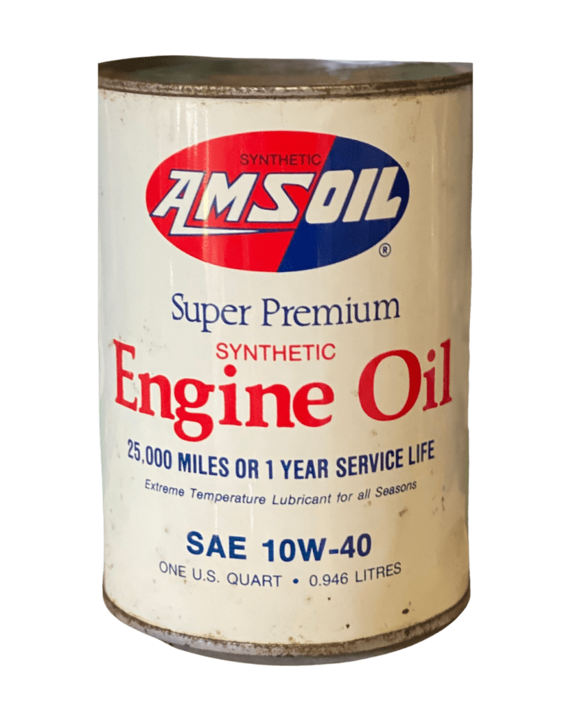 A vintage metal can of AMSOIL synthetic lubricant, showcasing the brand's heritage.