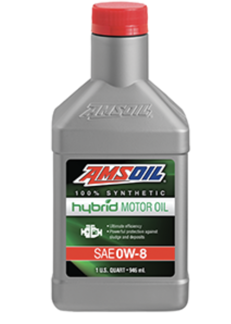 Bottle of AMSOIL 0W-8 100% Synthetic Hybrid Motor Oil