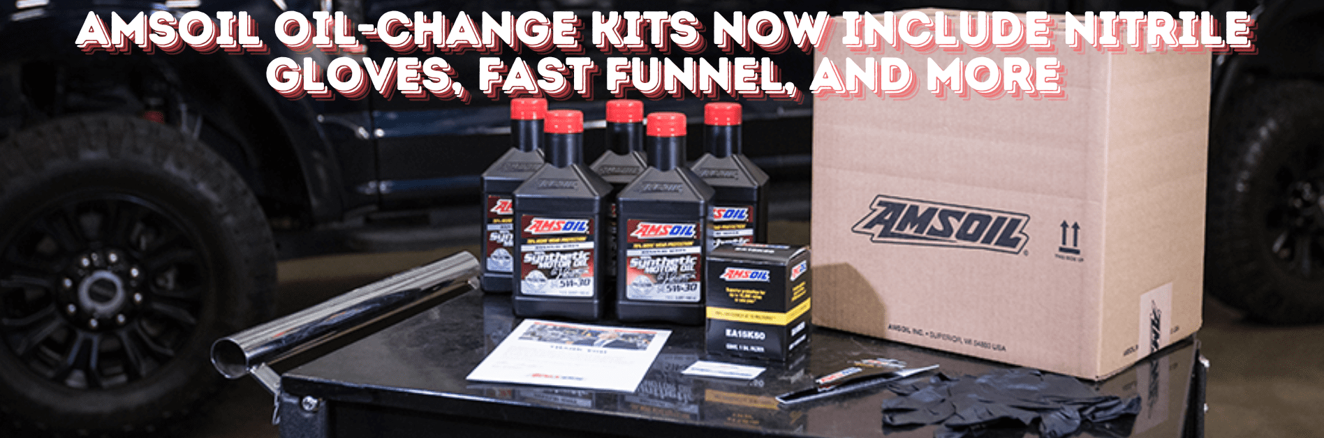 AMSOIL oil-change kit including branded packaging, nitrile gloves, Fast Funnel, Oil-Change Decal, and thank-you note from CEO Alan Amatuzio.