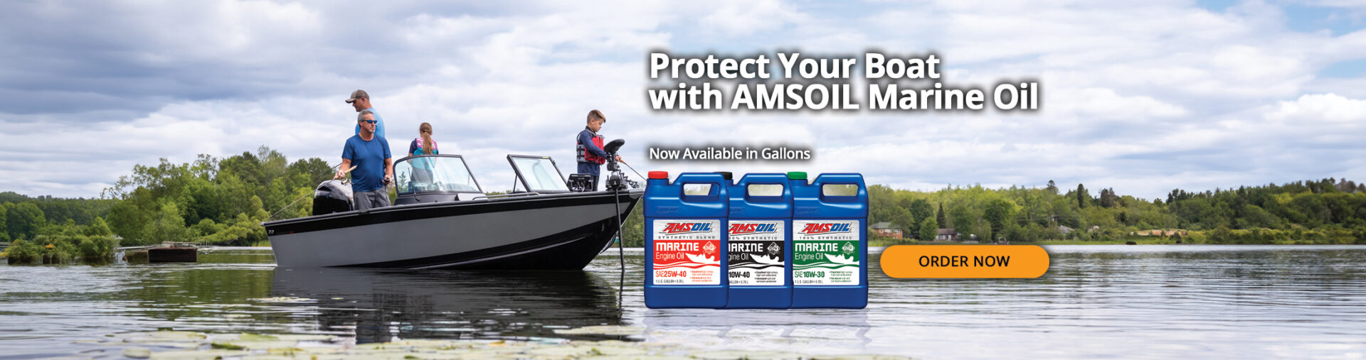 Boat on the water with AMSOIL logo, highlighting engine protection for fishing and recreational boating