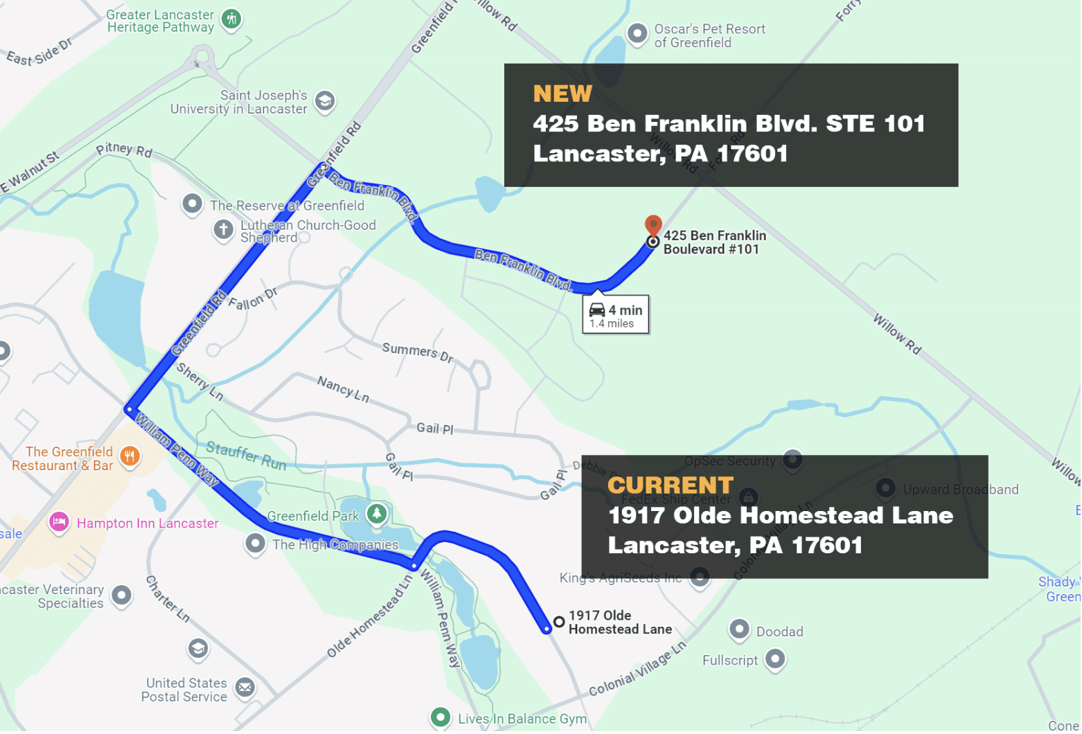 Map showing the old and new locations of the AMSOIL Lancaster Distribution Center.