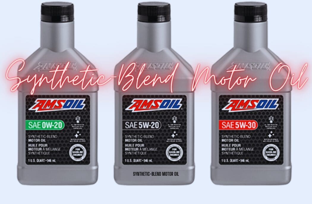 Three bottles of AMSOIL Synthetic-Blend Motor Oil arranged in a row.