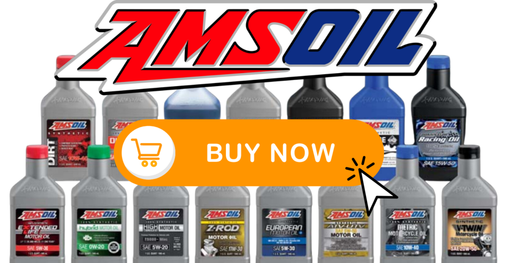 AMSOIL product behind logo with Buy Now” call-to-action in front.