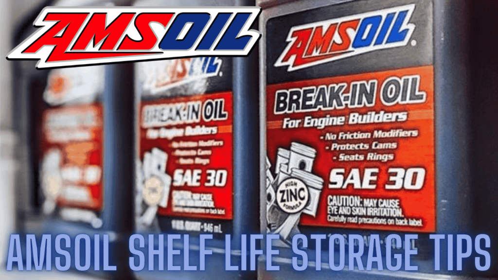 AMSOIL gallon containers stored in an indoor facility, illustrating best practices for maximizing shelf life with the AMSOIL logo in view