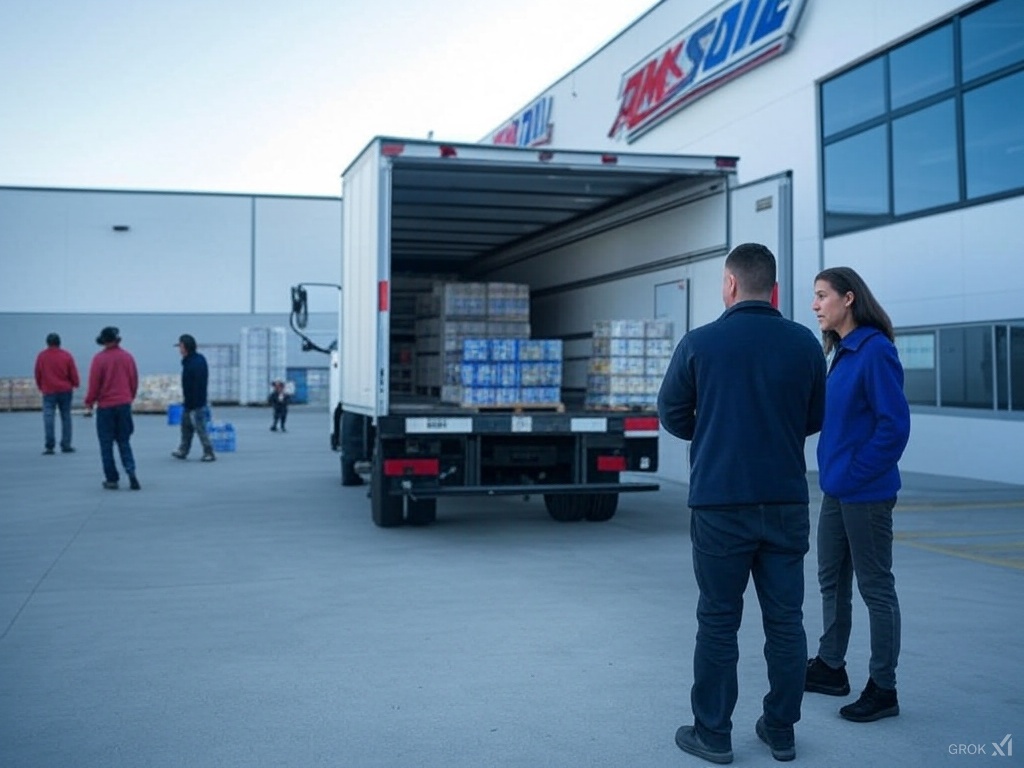 AMSOIL distribution center with stocked shelves of synthetic lubricants and oil products, ready for shipping.