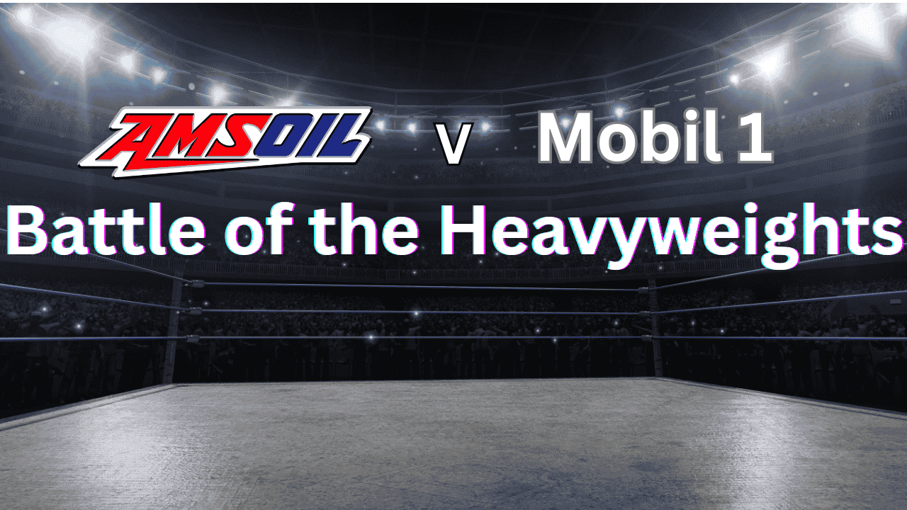 AMSOIL vs. Mobil 1 Battle of the Heavyweights promotional graphic showing a wrestling ring under bright arena lights