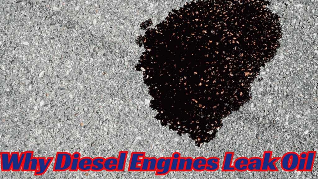 Oil spot on pavement under a diesel engine, indicating a possible oil leak caused by worn gaskets or high crankcase pressure