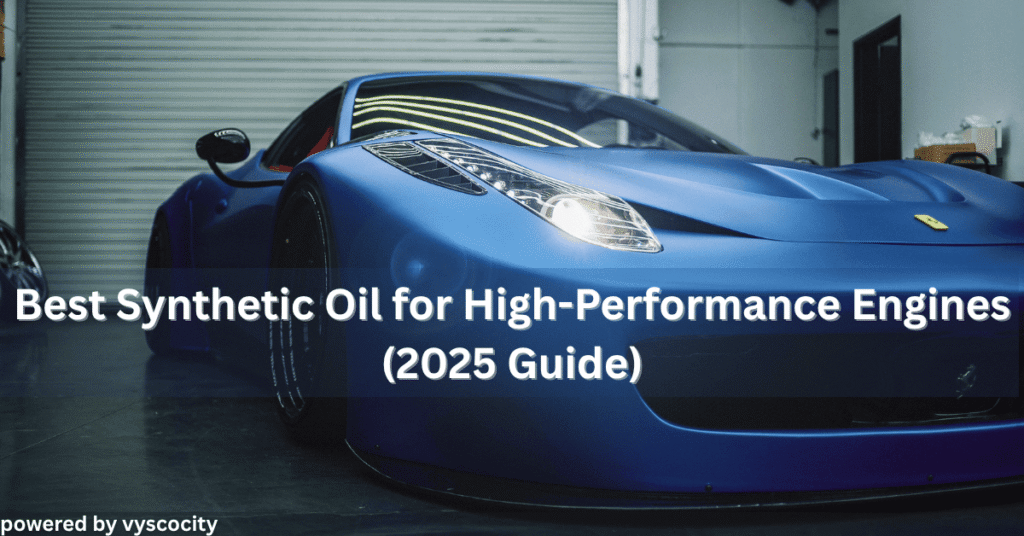 Matte blue high-performance sports car parked in a garage with the headline “Best Synthetic Oil for High-Performance Engines (2025 Guide)” overlayed in bold white text.
