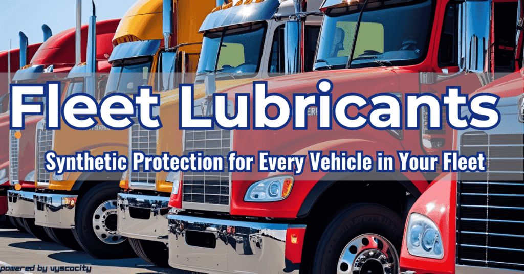 A row of red and yellow diesel trucks parked side-by-side, promoting AMSOIL fleet lubricants for commercial vehicle protection and fuel efficiency.