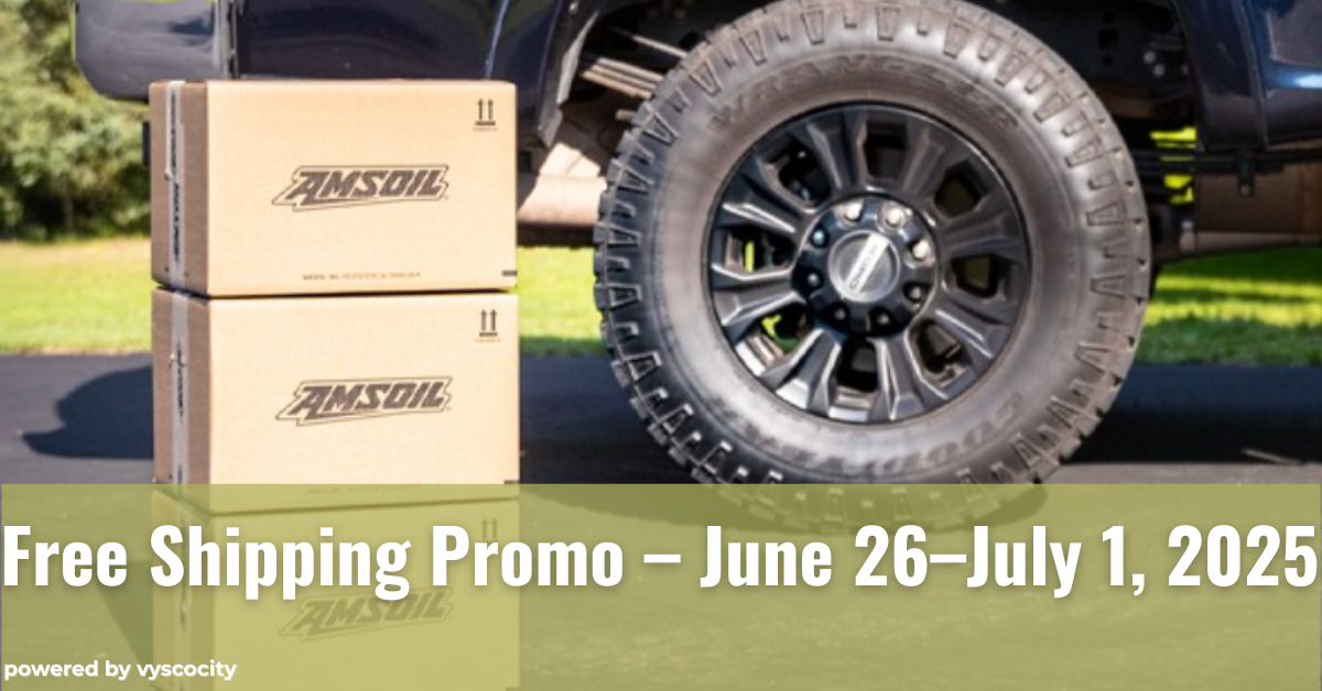 AMSOIL boxes stacked beside a black off-road truck tire promoting the Free Shipping offer – June 26 to July 1, 2025.