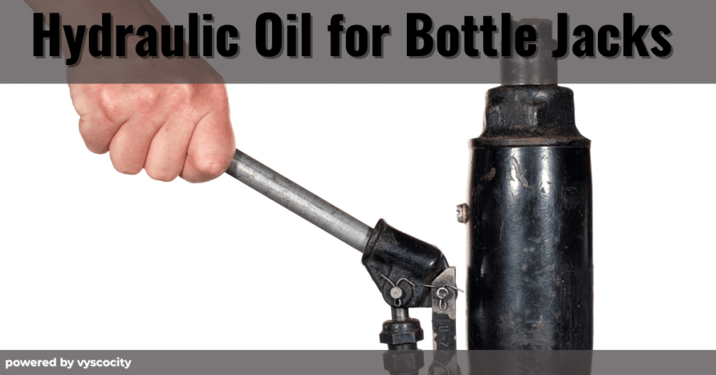 Hand operating a bottle jack with a metal handle — used for applying hydraulic oil. Vyscocity branding.