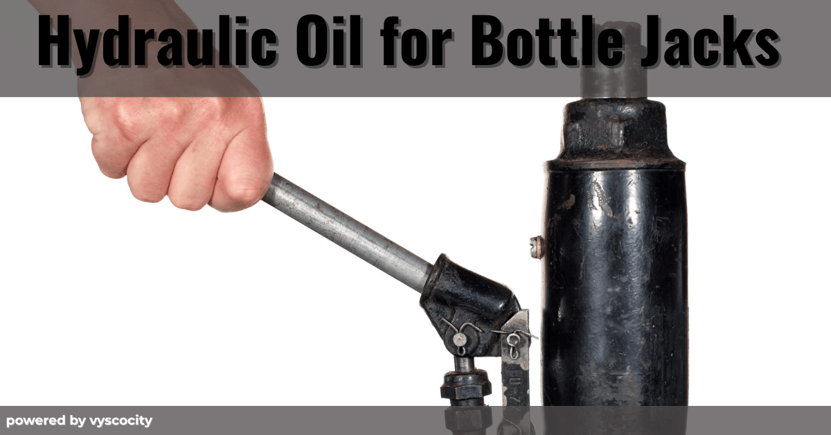 Hand operating a bottle jack with a metal handle — used for applying hydraulic oil. Vyscocity branding.