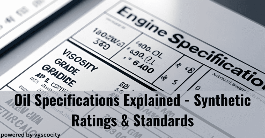 Close-up of engine oil specification sheet showing viscosity and certification ratings