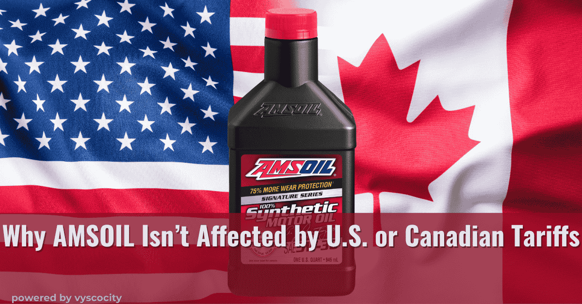 AMSOIL Signature Series bottle with U.S. and Canadian flags representing tariff-free synthetic oil
