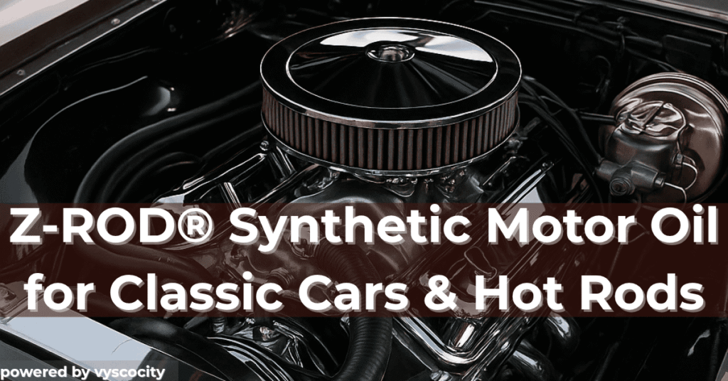 Polished classic V8 engine with chrome air cleaner showcasing AMSOIL Z-ROD® oil protection benefits.