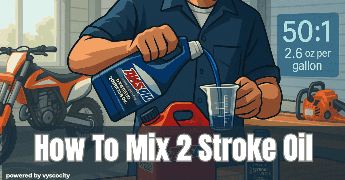 Mechanic pouring AMSOIL 2-stroke oil into a measuring cup beside a red gas can in a garage, with a dirt bike and chainsaw in the background. A ratio chart shows 50:1 equals 2.6 oz per gallon.