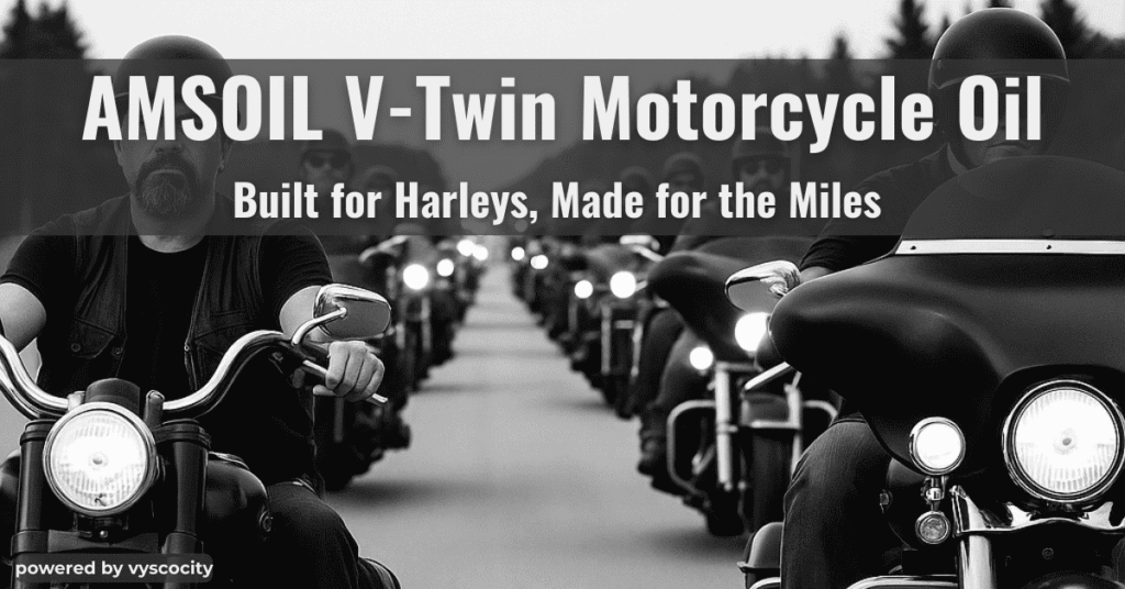 Group of Harley riders on the highway with headline overlay promoting AMSOIL V-Twin Motorcycle Oil, built for Harleys and trusted for mileage
