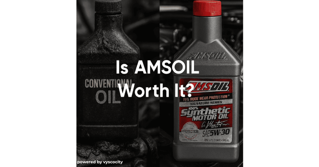 Split image comparing dirty conventional oil with clean AMSOIL synthetic oil; overlay text asks, “Is AMSOIL Worth It?”
