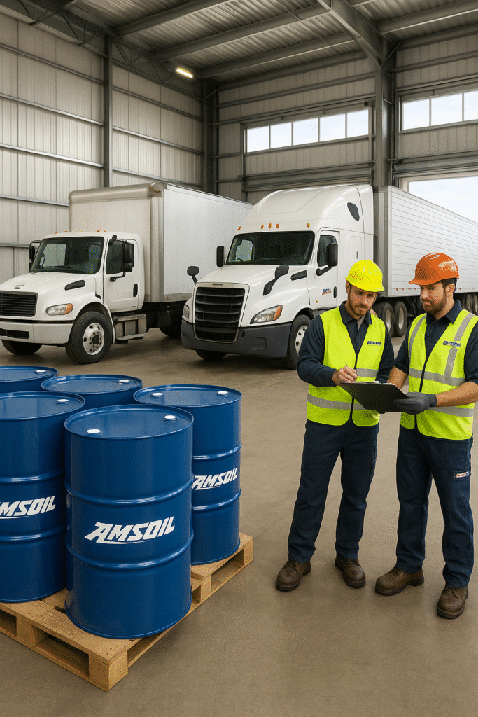 Two AMSOIL workers in safety gear review logistics beside 55-gallon drums and delivery trucks inside a commercial warehouse.
