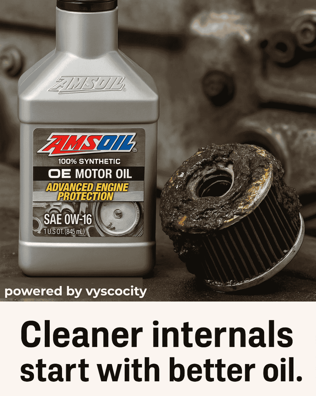 AMSOIL OE 0W-16 synthetic motor oil next to a dirty filter, highlighting its cleaning function