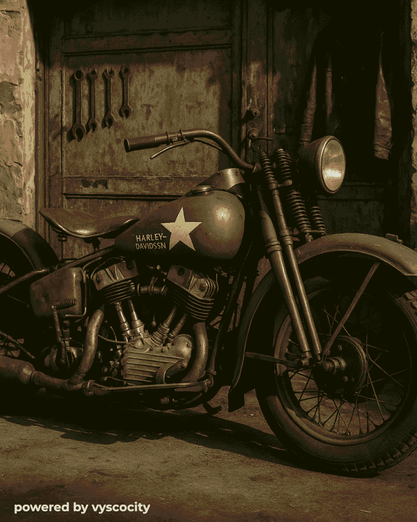 Vintage Harley-Davidson Flathead motorcycle with springer front end and side-valve engine, parked in front of a rustic garage