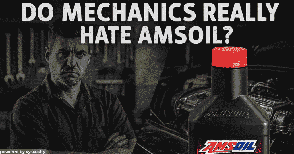 Skeptical mechanic on one side, AMSOIL synthetic oil and clean engine on the other