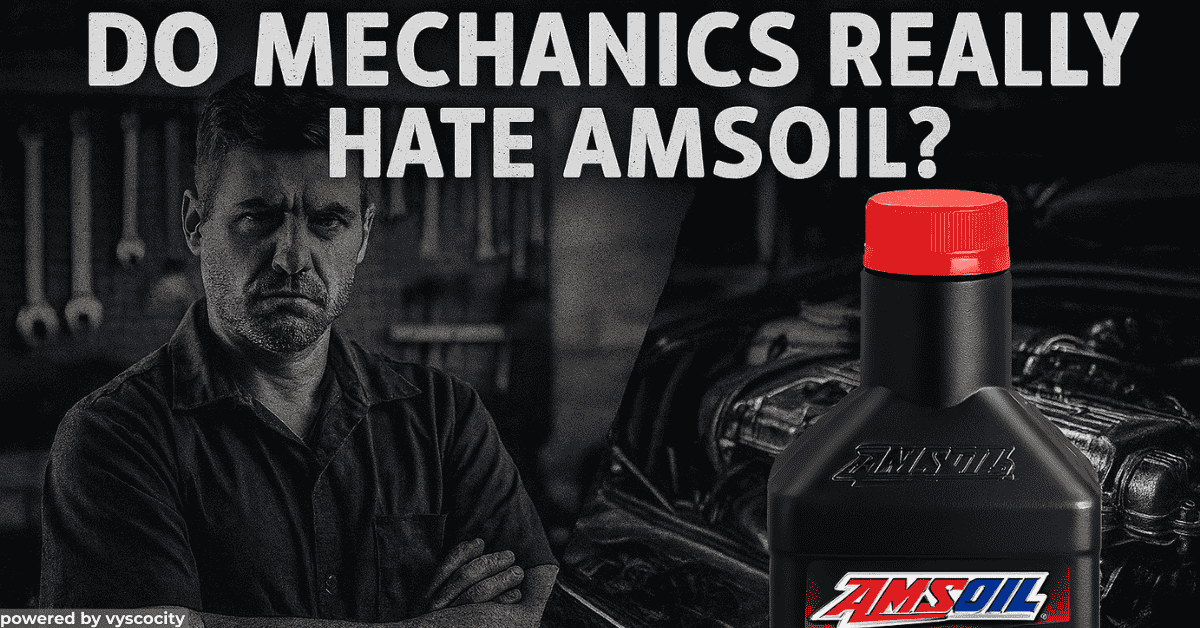 Skeptical mechanic on one side, AMSOIL synthetic oil and clean engine on the other