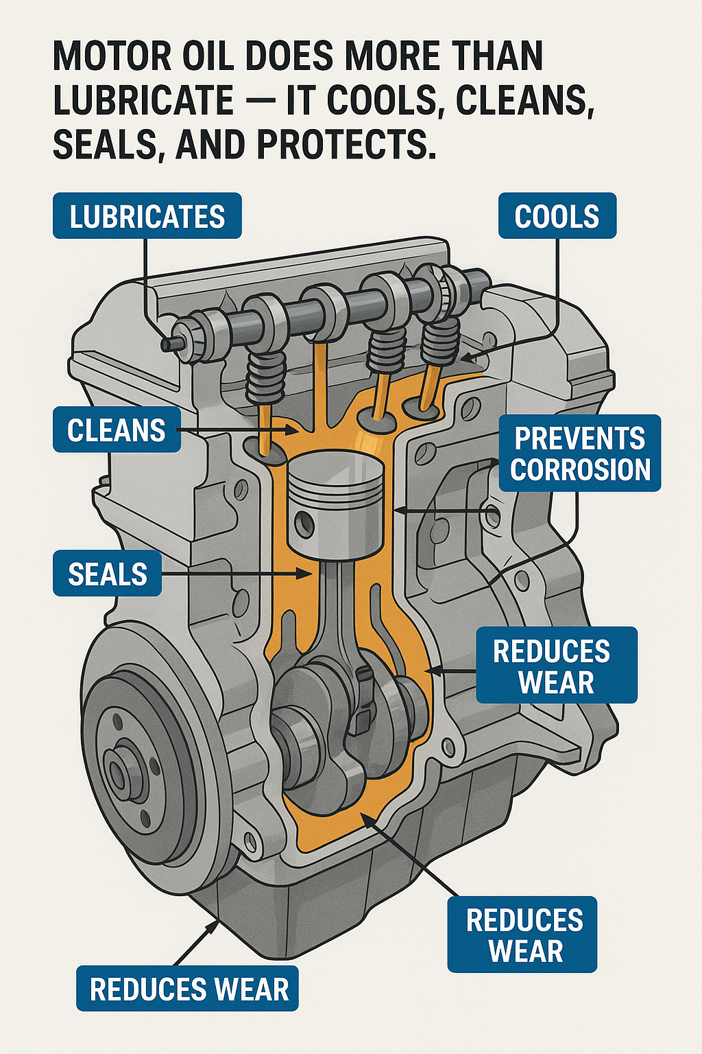 Diagram showing the main motor oil functions: lubricates, cools, cleans, seals, protects, and reduces wear inside an engine