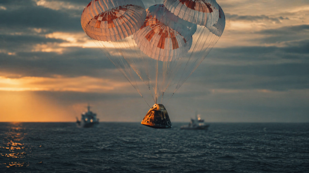 NASA Orion spacecraft descending on parachutes toward the Pacific Ocean at sunset during the Artemis II splashdown on April 10, 2026, with recovery ships visible in the background