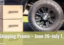 AMSOIL boxes stacked beside a black off-road truck tire promoting the Free Shipping offer – June 26 to July 1, 2025.