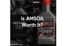 Split image comparing dirty conventional oil with clean AMSOIL synthetic oil; overlay text asks, “Is AMSOIL Worth It?”
