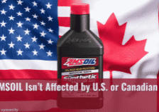 AMSOIL Signature Series bottle with U.S. and Canadian flags representing tariff-free synthetic oil
