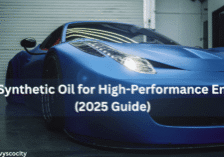 Matte blue high-performance sports car parked in a garage with the headline “Best Synthetic Oil for High-Performance Engines (2025 Guide)” overlayed in bold white text.