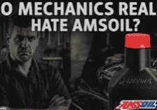 Skeptical mechanic on one side, AMSOIL synthetic oil and clean engine on the other